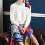 Ikat Floral XL Silk Scarf Irish fashion designer Susannagh Grogan with Madigan Cashmere Aran Knit