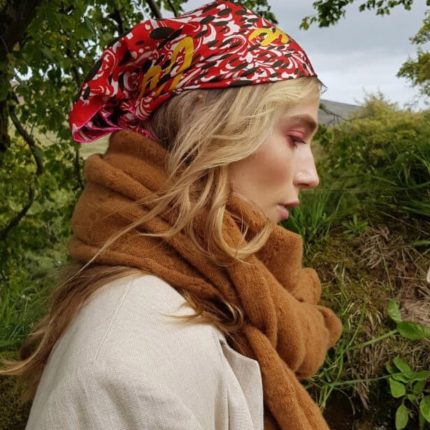 Silk scarf. Designed in Ireland by Irish fashion designer Susannagh. Grogan. Red and yellow