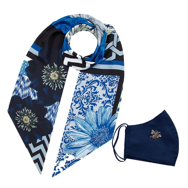 Gift Set Long Navy Scarf + Gold Bee navy Mask