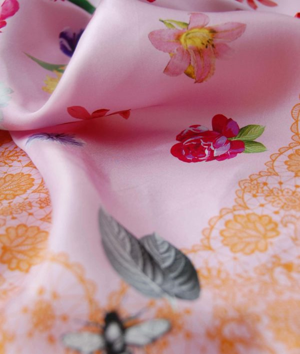 Coral pink and orange flower printed silk scarf