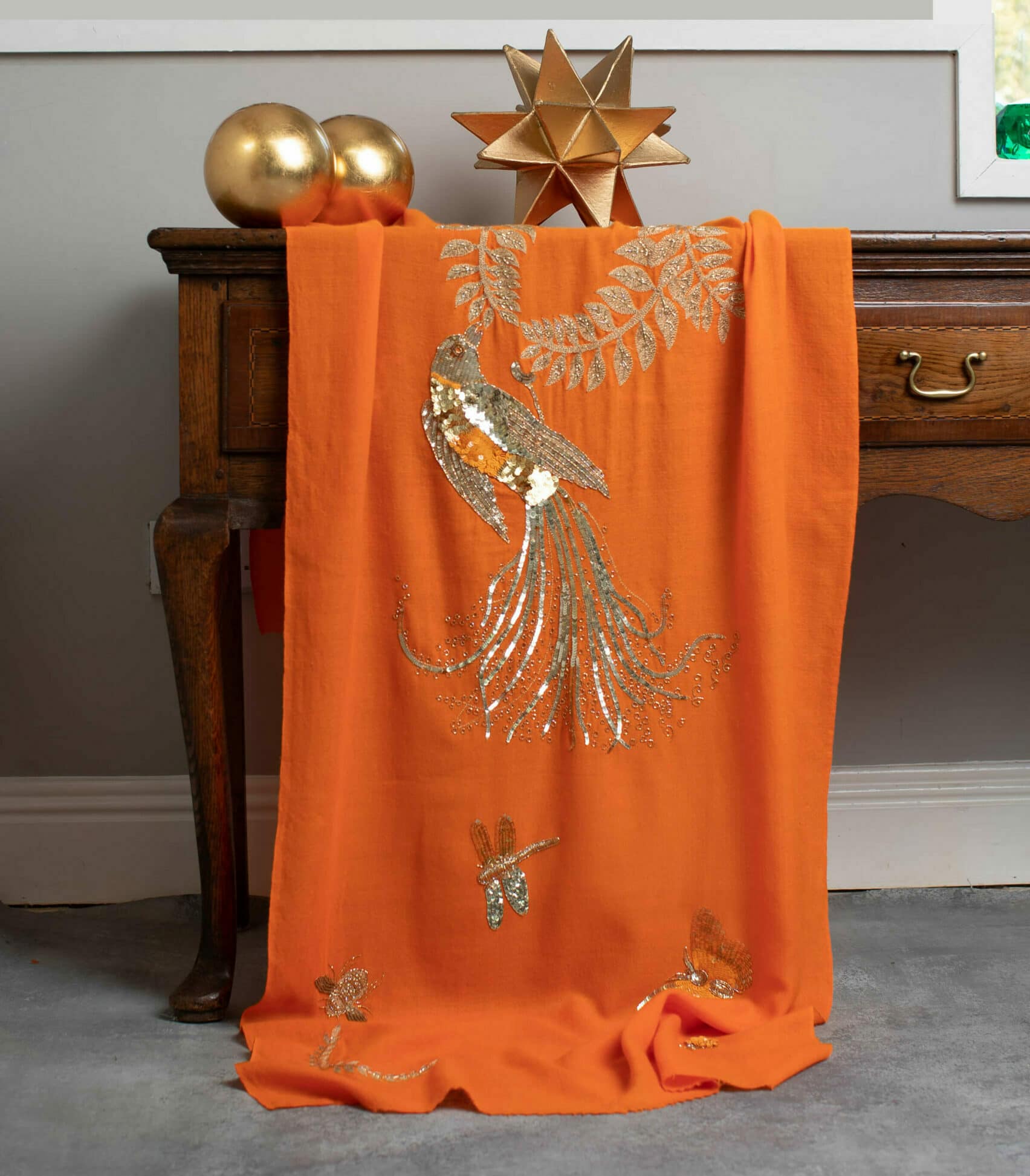 Embroidered gold cashmere scarf